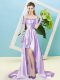 Eye-catching Lavender Elastic Woven Satin and Sequined Lace Up Off The Shoulder Short Sleeves High Low Evening Dress Sequins