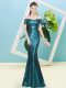 Custom Design Teal Mermaid Off The Shoulder Short Sleeves Sequined Floor Length Zipper Sequins Evening Dress