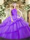 Fashionable Eggplant Purple Ball Gowns Scoop Sleeveless Organza Floor Length Zipper Lace and Ruffled Layers Quinceanera Dress