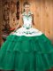 Superior Halter Top Sleeveless Quinceanera Dress Sweep Train Embroidery and Ruffled Layers Turquoise Organza