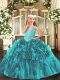 Teal Ball Gowns V-neck Sleeveless Organza Floor Length Lace Up Beading and Ruffles Little Girl Pageant Dress