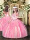 Top Selling Sleeveless Organza Floor Length Lace Up Little Girl Pageant Gowns in Rose Pink with Beading and Ruffles