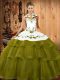 Inexpensive Olive Green Sweet 16 Quinceanera Dress Organza Sweep Train Sleeveless Embroidery and Ruffled Layers