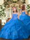 Blue Straps Neckline Beading and Ruffles Pageant Gowns For Girls Sleeveless Lace Up