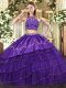 Flare Purple Sleeveless Beading and Embroidery and Ruffled Layers Floor Length Quince Ball Gowns