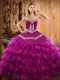 Fuchsia Satin and Organza Lace Up Vestidos de Quinceanera Sleeveless Floor Length Embroidery and Ruffled Layers