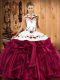 Pretty Halter Top Sleeveless Ball Gown Prom Dress Floor Length Embroidery and Ruffles Fuchsia Satin and Organza