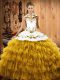 Captivating Gold Ball Gowns Halter Top Sleeveless Satin and Organza Floor Length Lace Up Embroidery and Ruffled Layers Vestidos de Quinceanera