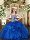 Perfect Sleeveless Floor Length Appliques and Ruffles Lace Up Little Girl Pageant Dress with Blue