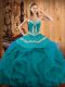 Admirable Teal and Turquoise Organza Lace Up Sweetheart Sleeveless Floor Length 15th Birthday Dress Embroidery and Ruffles