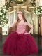 Wine Red Sleeveless Floor Length Appliques and Ruffles Lace Up Girls Pageant Dresses