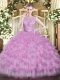 Floor Length Lilac 15th Birthday Dress Tulle Sleeveless Beading and Ruffled Layers