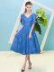 Blue Empire V-neck Half Sleeves Lace Tea Length Lace Up Bowknot Bridesmaid Dress