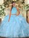 Smart Floor Length Backless Sweet 16 Dress Light Blue for Military Ball and Sweet 16 and Quinceanera with Beading and Ruffles