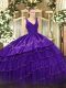 V-neck Sleeveless Quinceanera Dress Floor Length Beading and Embroidery and Ruffled Layers Purple Satin and Tulle
