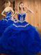 Floor Length Lace Up Quince Ball Gowns Blue for Military Ball and Sweet 16 and Quinceanera with Embroidery and Ruffles