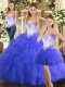 Beautiful Blue Tulle Lace Up Sweetheart Sleeveless Floor Length 15th Birthday Dress Beading and Ruffles