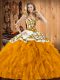 Gold Sleeveless Satin and Organza Lace Up Quinceanera Dresses for Military Ball and Sweet 16 and Quinceanera