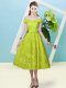 Dazzling Olive Green Empire Lace Off The Shoulder Cap Sleeves Bowknot Tea Length Lace Up Bridesmaid Gown