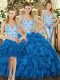 Blue Sleeveless Floor Length Beading and Ruffles Lace Up Sweet 16 Dresses