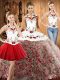 Glorious Fabric With Rolling Flowers Halter Top Sleeveless Lace Up Embroidery Quinceanera Dresses in Multi-color