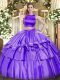 Elegant Purple Tulle Criss Cross Quince Ball Gowns Sleeveless Floor Length Ruffled Layers