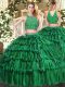 Fabulous Dark Green Sleeveless Floor Length Beading and Appliques and Ruffled Layers Zipper 15th Birthday Dress
