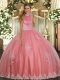 Coral Red Ball Gowns Halter Top Sleeveless Tulle Floor Length Backless Beading and Appliques Vestidos de Quinceanera