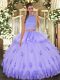 Fancy Halter Top Sleeveless Backless Quince Ball Gowns Lavender Tulle