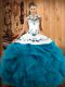 Floor Length Teal Quinceanera Dress Halter Top Sleeveless Lace Up