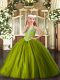 Ball Gowns Pageant Dress for Teens Olive Green V-neck Tulle Sleeveless Floor Length Lace Up