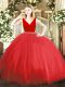 Suitable V-neck Sleeveless Quinceanera Dress Floor Length Beading Red Tulle