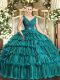 Teal Sleeveless Floor Length Beading and Ruffled Layers Backless Quinceanera Gowns