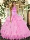 Adorable Rose Pink Ball Gowns Halter Top Sleeveless Tulle Floor Length Backless Beading and Ruffles Ball Gown Prom Dress