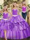 Sleeveless Floor Length Appliques and Ruffled Layers Lace Up Quinceanera Gown with Eggplant Purple