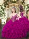 Fuchsia Sleeveless Floor Length Beading and Ruffles Lace Up Little Girl Pageant Dress