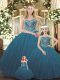 Inexpensive Teal Ball Gowns Beading Quinceanera Dress Lace Up Tulle Sleeveless Floor Length