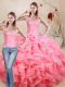 Floor Length Lace Up Quinceanera Dress Watermelon Red for Sweet 16 and Quinceanera with Beading and Ruffles