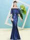 Royal Blue Half Sleeves Floor Length Sequins Zipper Prom Party Dress