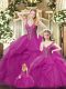 Luxury Straps Sleeveless Quinceanera Dresses Floor Length Beading and Ruffles Fuchsia Organza