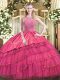 Hot Pink Ball Gowns Satin and Tulle Halter Top Sleeveless Beading and Embroidery and Ruffled Layers Floor Length Zipper 15th Birthday Dress