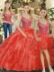Red Three Pieces Beading and Ruffles Ball Gown Prom Dress Lace Up Organza Sleeveless Floor Length