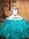 Designer Aqua Blue Halter Top Neckline Embroidery and Ruffles Sweet 16 Quinceanera Dress Sleeveless Lace Up