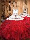 White And Red Halter Top Lace Up Embroidery and Ruffles Sweet 16 Dresses Sleeveless