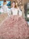 Exceptional Pink And White Quinceanera Dresses Lace and Fabric With Rolling Flowers Brush Train Long Sleeves Beading and Ruffles