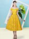 Cap Sleeves Tea Length Bowknot Lace Up Bridesmaid Dress with Gold