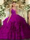 Fuchsia V-neck Backless Ruching Ball Gown Prom Dress Sweep Train Sleeveless
