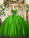 Green Ball Gowns Beading and Lace 15 Quinceanera Dress Backless Satin Sleeveless Floor Length
