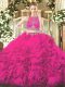 Customized Fuchsia Ball Gowns Beading Quince Ball Gowns Zipper Fabric With Rolling Flowers Sleeveless Floor Length