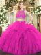 Amazing Fuchsia Sleeveless Floor Length Beading and Ruffles Zipper 15th Birthday Dress